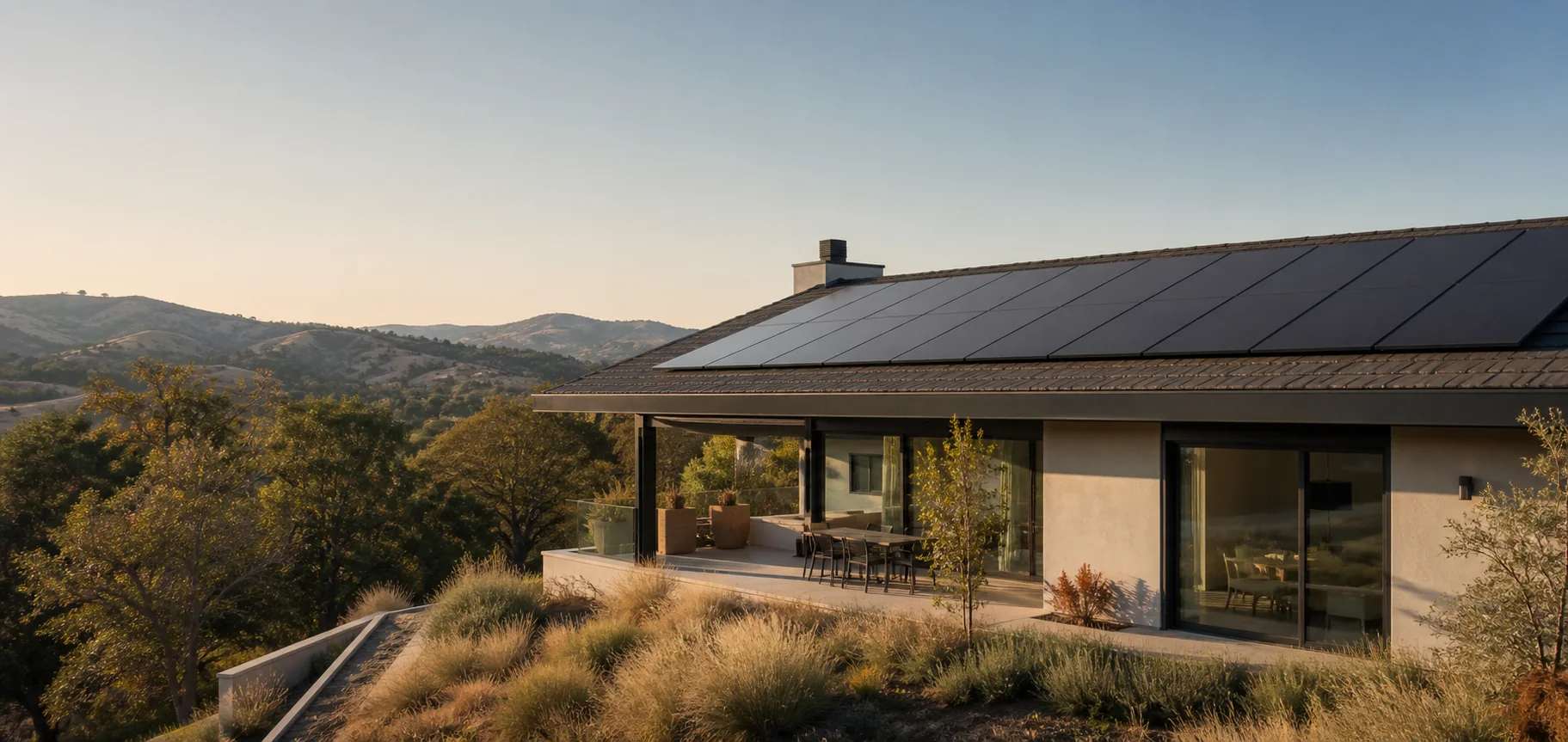 Conceptual Northern California home with rooftop solar panels